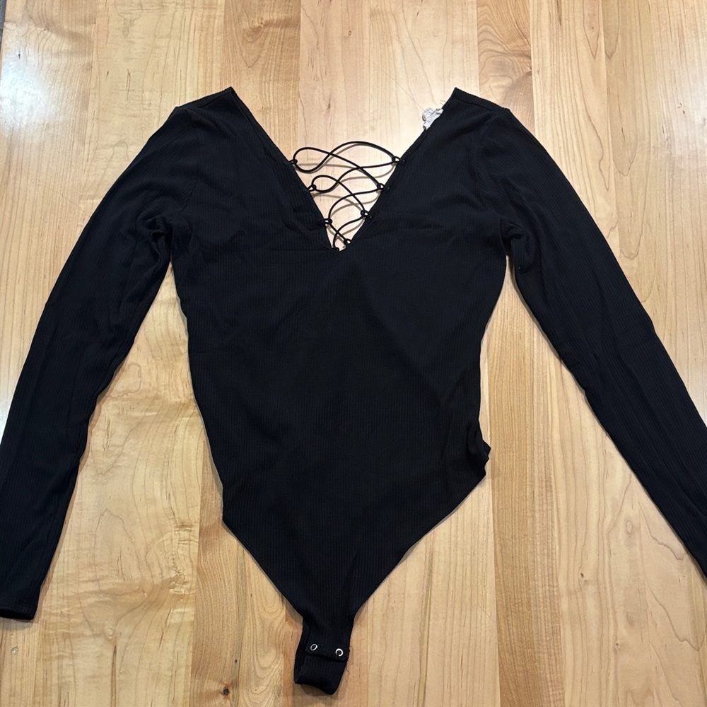 Black Long Sleeve back Lace-Up Bodysuit